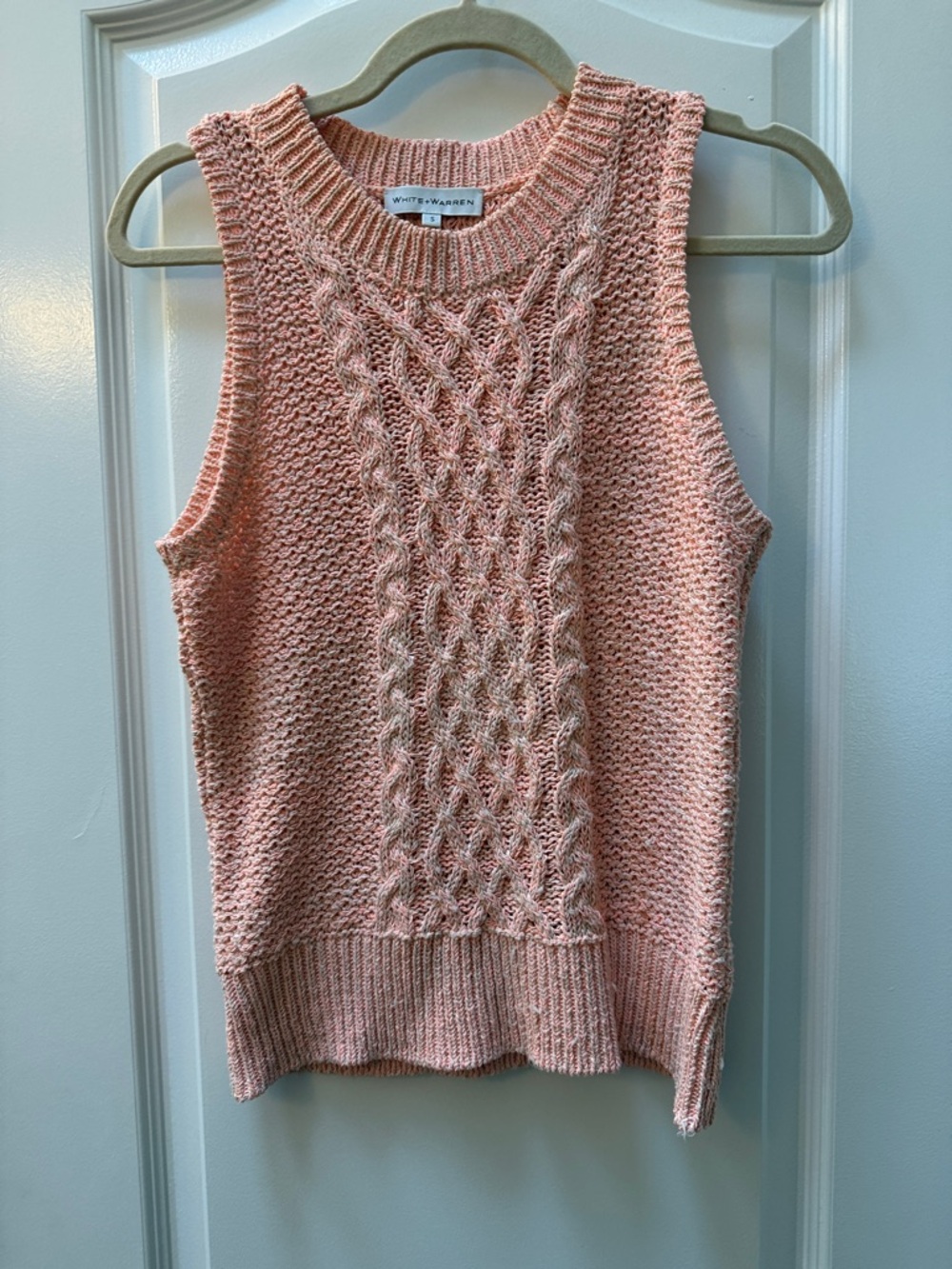 White + Warren Peach Pink orange Cable-Knit Sleeveless Sweater S